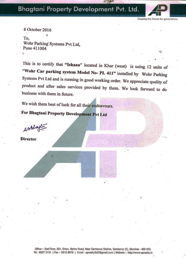 Appreciation Letter of Bhagtani Property Development Pvt.Ltd.