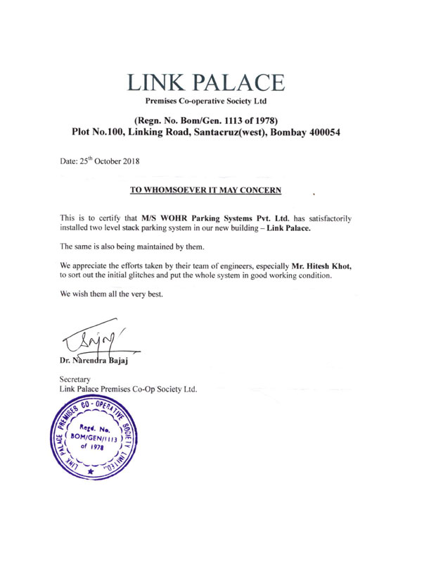 Appreciation Letter of Link Palace