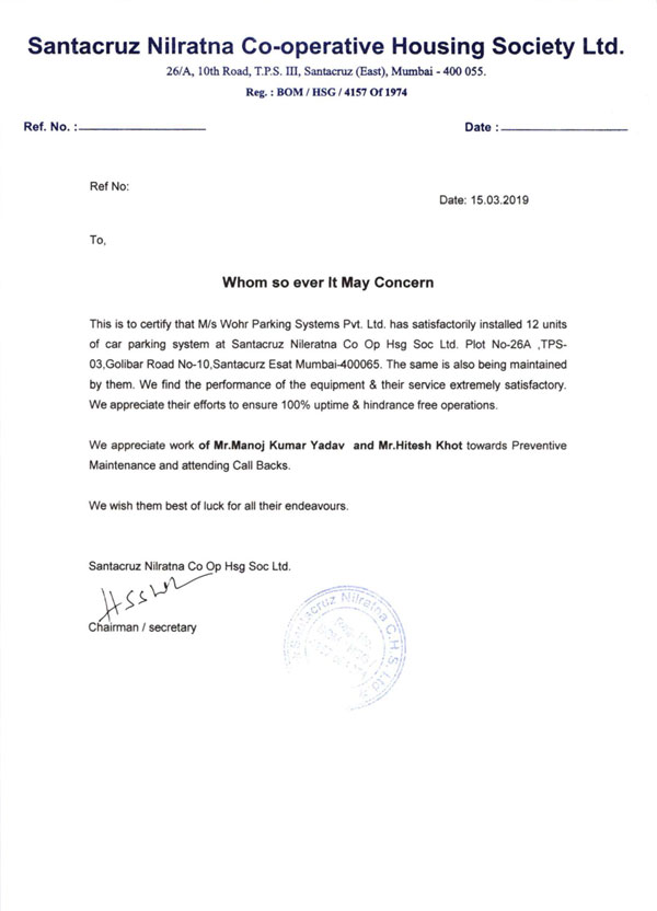 Appreciation Letter of Santacruz Nilratna Co-Op. Housing Society Ltd