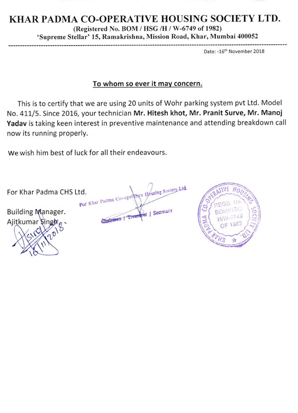 Appreciation Letter of Khar Padma Co-Operative Society Ltd.