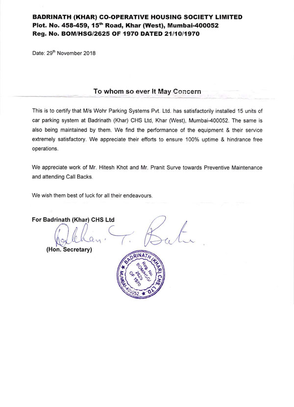 Appreciation Letter of Badrinath Co-Op. Housing Society Ltd
