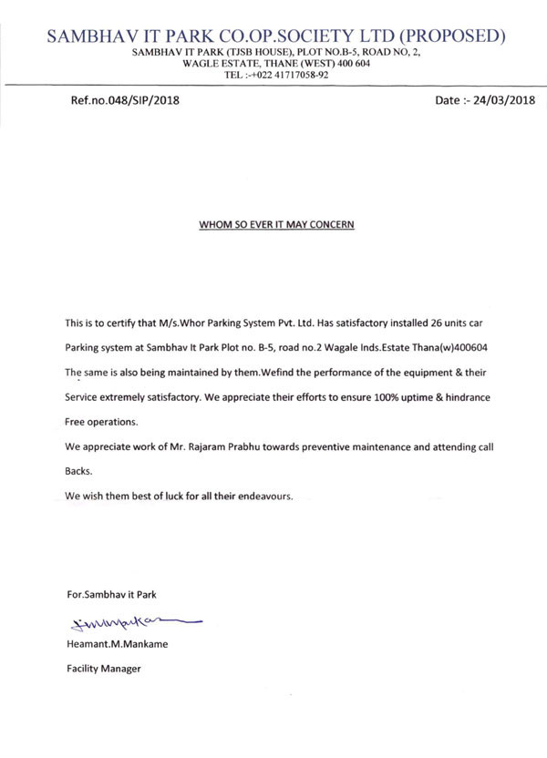 Appreciation Letter of Sambhav IT Park Co-Operative Society Ltd.