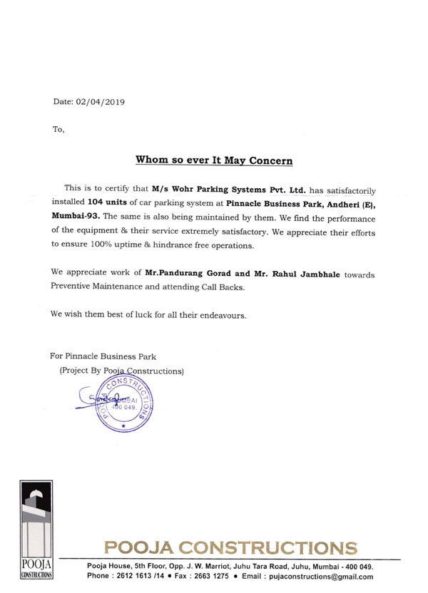 Appreciation Letter of Pooja Constructions